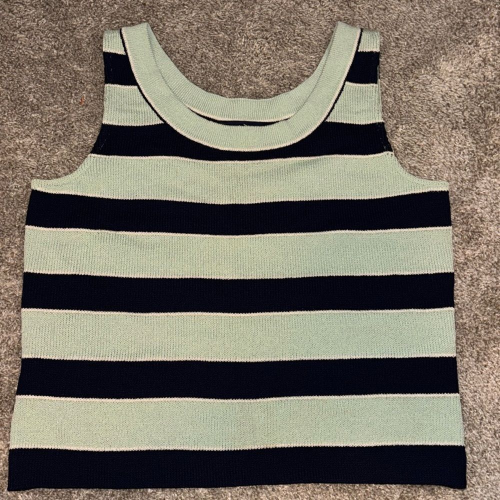 St. John Knit Tank Top Crop Striped Sleeveless Wool Knit Shirt mint and black sm